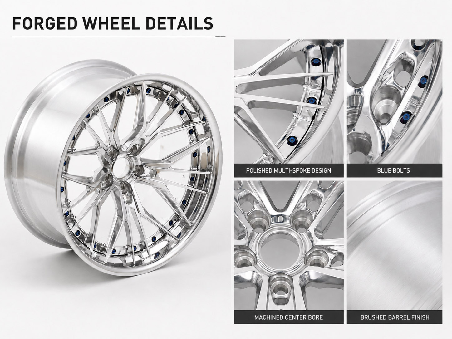 Custom forged wheel details with polished spokes and brushed barrel finish Custom forged wheel details with polished spokes and brushed barrel finish